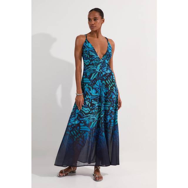 Ombre Butterfly Strappy Georgette Beach Maxi Dress - Turquoise