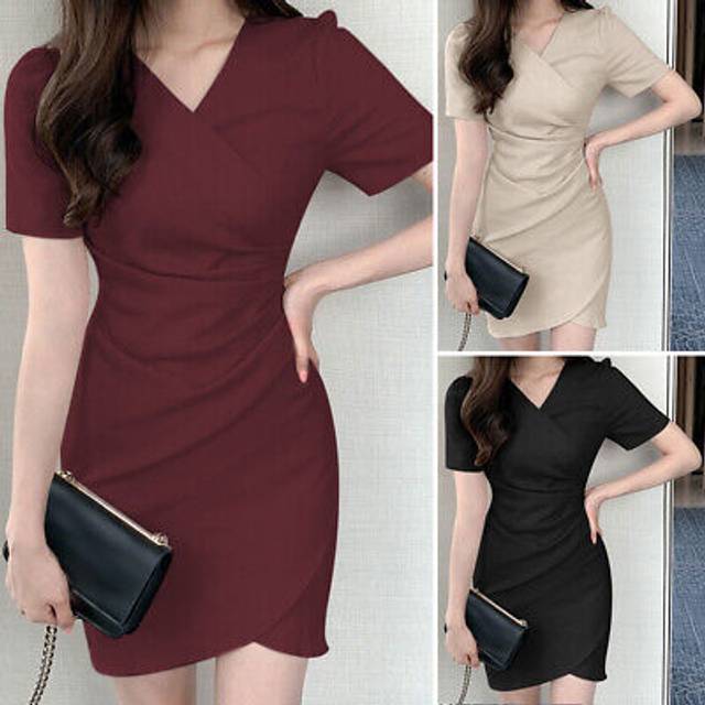 Womens bodycon v neck slim mini dress ladies long sleeve jumper pleated dresses