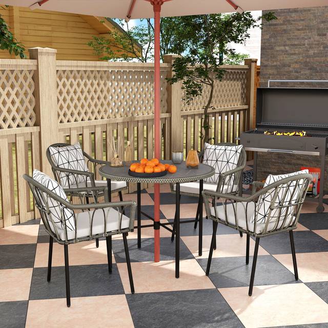 5 Pieces Patio Dining Set with Removable Cushions and Rattan Ottomans-Grey
