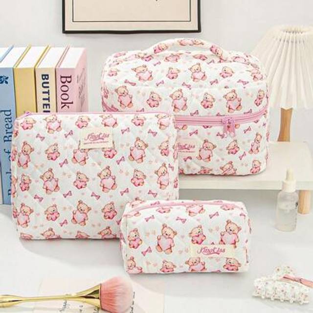 SHEIN Portable Cosmetic Bag With Bow & Teddy Bear Print