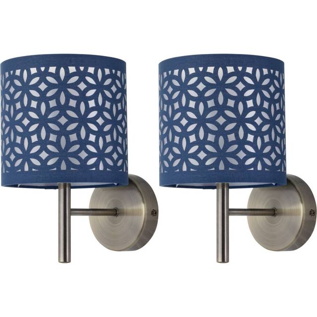 Set of 2 modern antique brass wall lights with navy blue cut out shade