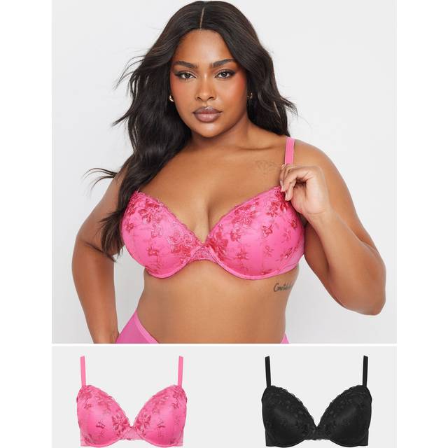 Yours 2 Pack Curve Black & Pink Floral Lace Embroidered Padded Bras - 46D
