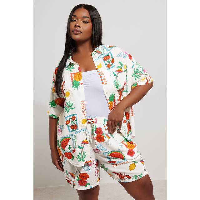 Yours Curve White Graphic Postcard Print Crinkle Shorts, Women's Curve & Plus Size, Yours - 16
