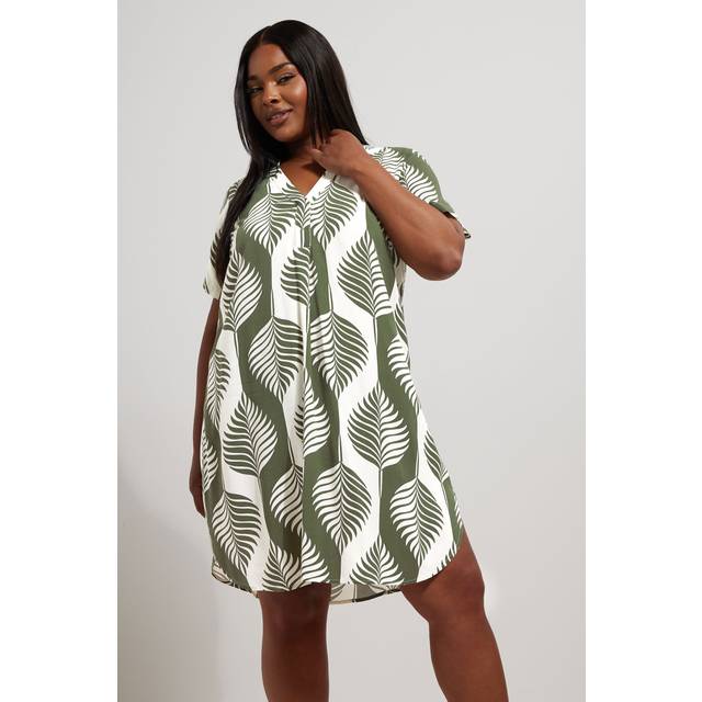 Yours Curve Green Palm Leaf Pleat Front Tunic Dress, Women's Curve & Plus Size, Yours - 14