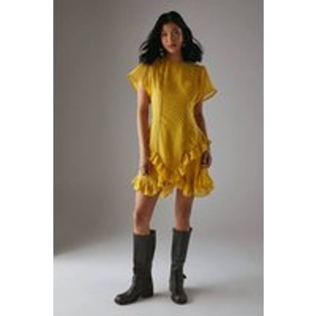 Womens HCD Dobby Chiffon Lace Trim Ruffle Mini Dress - Yellow - 8