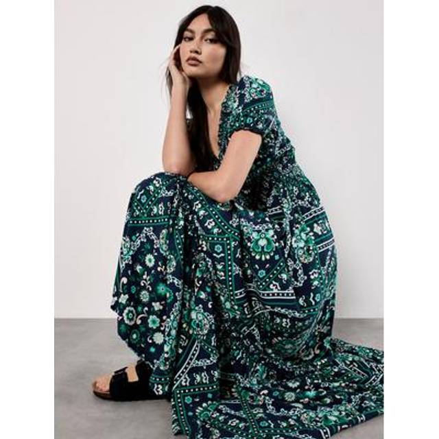 Womens Scarf Print Smocked Maxi Dress - Navy - 14