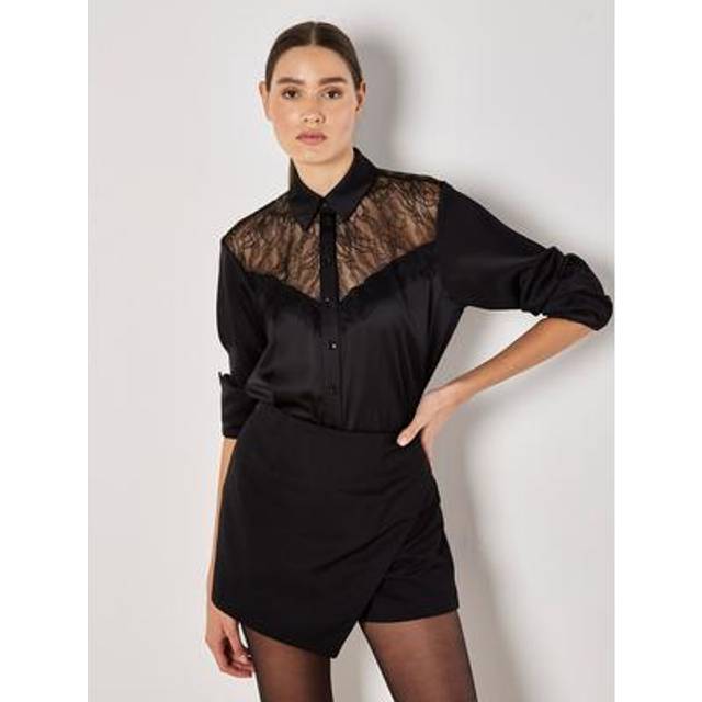 Womens Lace Insert Oversized Satin Shirt - Black - 8