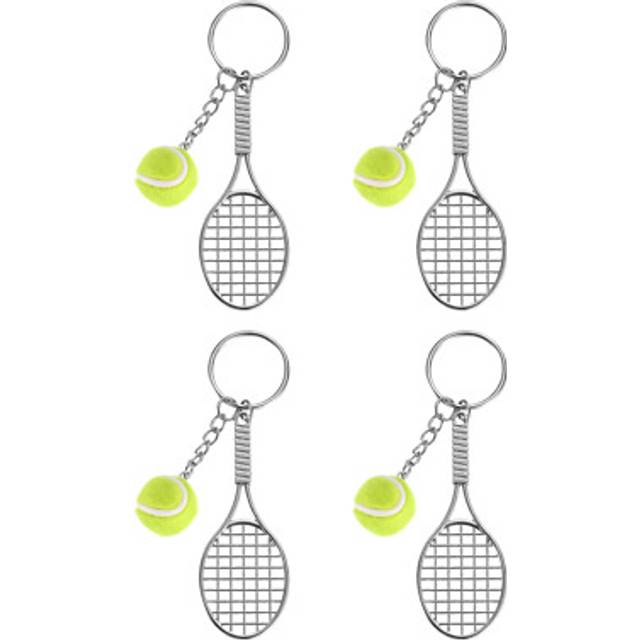 4pcs alloy mini tennis racket with ball keychain keyring, green