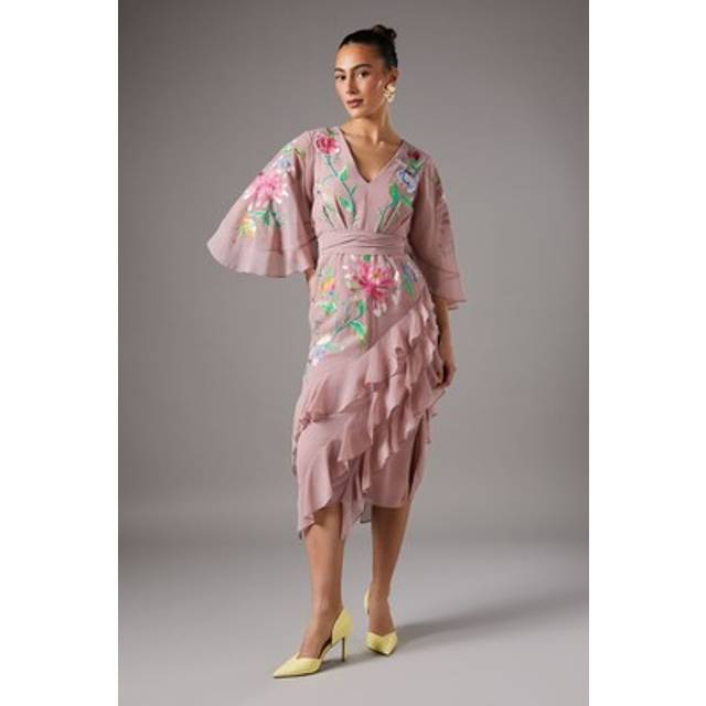 Embroidered Midi Dress With Ruffles - Nude - 8