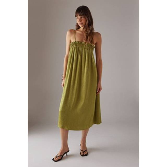 Womens Crushed Satin Strappy Midi Dress - olive - Olive - 8