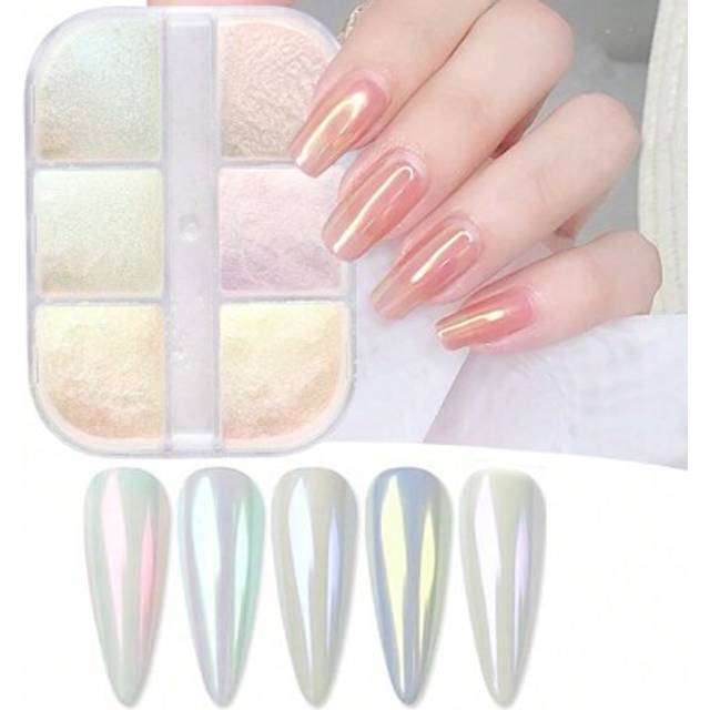 SHEIN 6 Grids Iridescent Pearl Auroras Nail Glitter Powders White Purple Blue Light Mirror Mermaid Effect Nail Chrome Pigment Rubbing Dust Shimmer Nail Desi