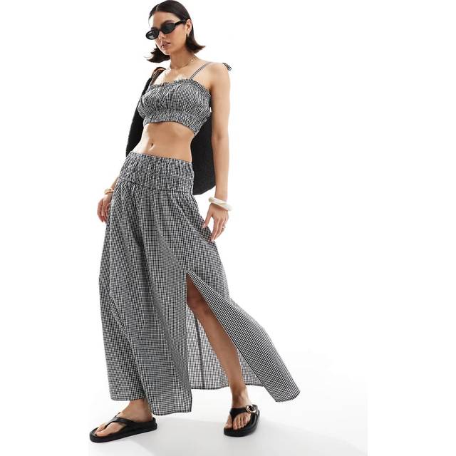 New Look Women's Black Gingham Check Slit Hem Maxi Skirt - UK 14