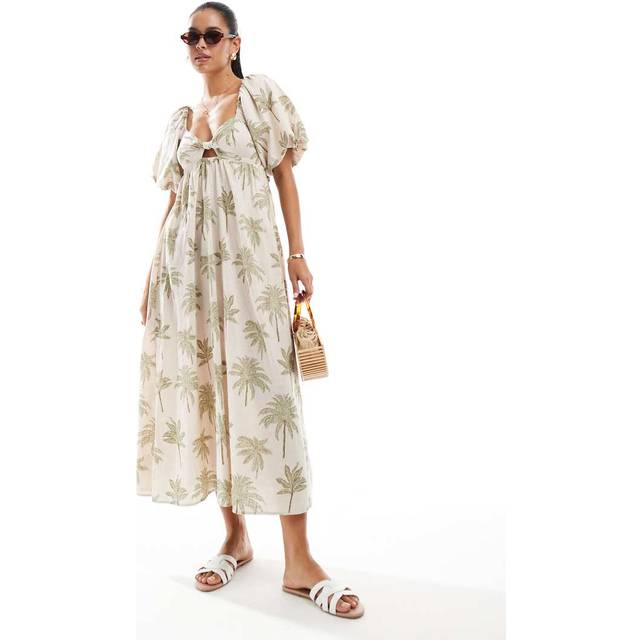 New Look Women's White Palm Tree Print Bow Back Midi Dress - UK 6
