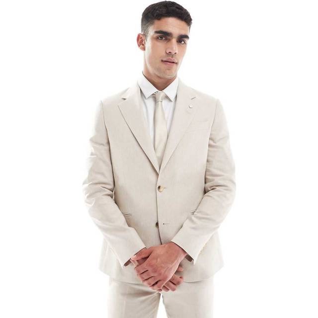 Mens River Island Beige Slim Fit Sharkskin Suit Jacket - 42R