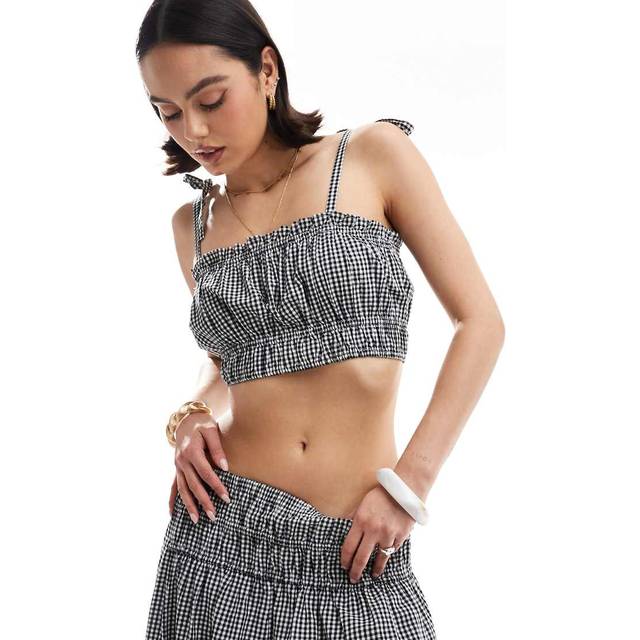 New Look Women's Black Gingham Check Shirred Cropped Cami Top - UK 16