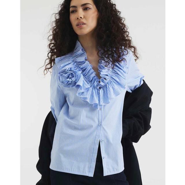 River Island Womens Blue Stripe Long Sleeve Ruffle Shirt - 8