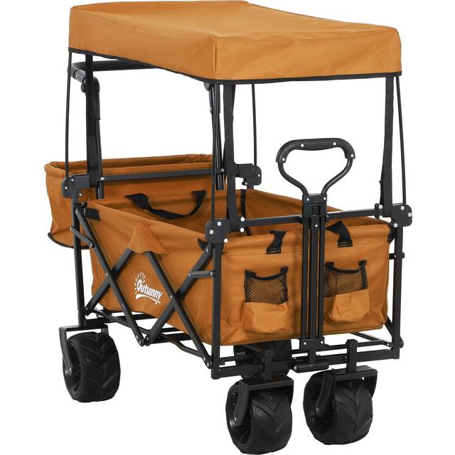 Outsunny Orange Outdoor Push Pull Wagon Stroller Cart with Canopy Top - 98 x 55 x 117cm