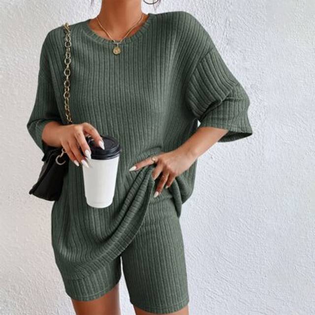 Rib-Knit Enkel Enkel Tvådelad Outfit - Armé Grön (L,M,S,XS)