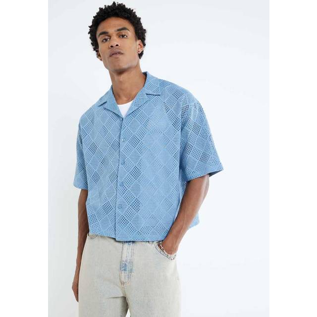 Mens River Island Blue Short Sleeve Diamond Crochet Shirt - XS