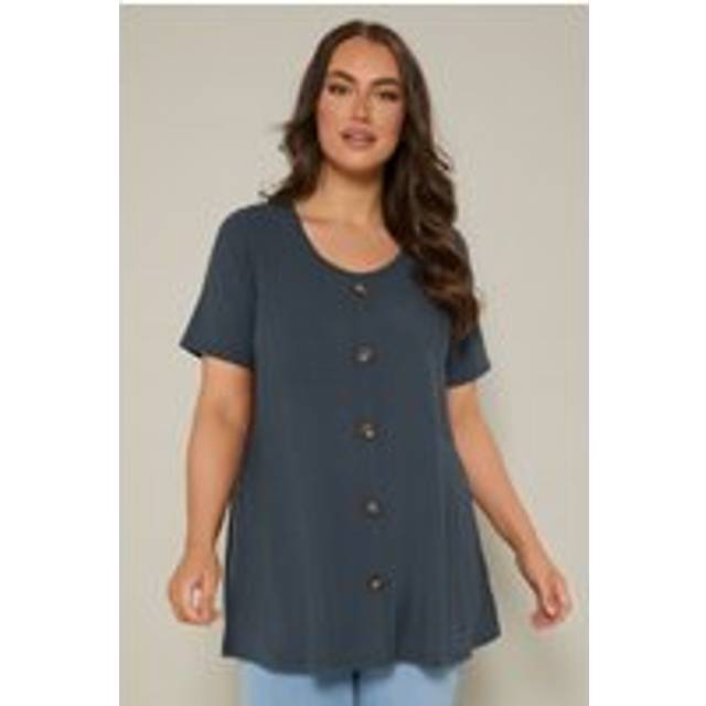 Yours Curve Dark Blue Button Front Ribbed Swing Top, Women's Curve & Plus Size, Yours - 30-32