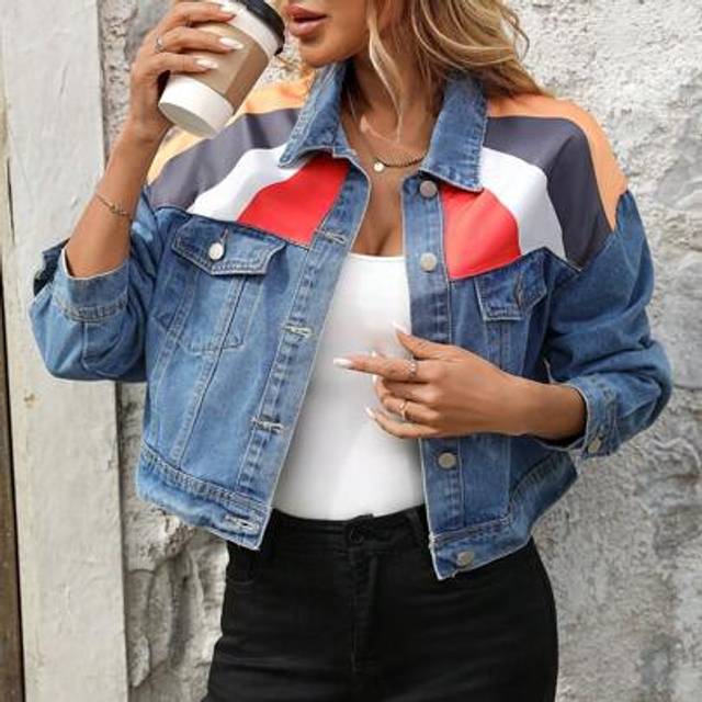 SHEIN Fashionable Contrast Color Print Denim Jacket For Women