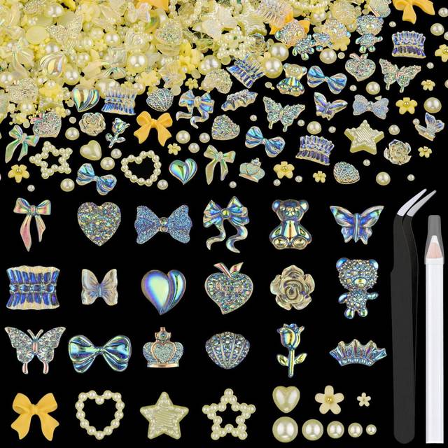 120 PCS 3D Nail Charms Butterfly Bow Star Heart Bear Shiny Jewels with 3D Flowers and Flat Pearls  Over 300 PCS Cute Charms in Total with Pickup Tools