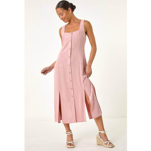 Linen Blend Buttoned Midi Dress - Light Pink - 14