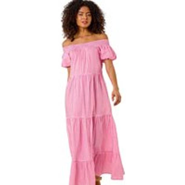 Gingham Bardot Tiered Maxi Dress - Pink - 16