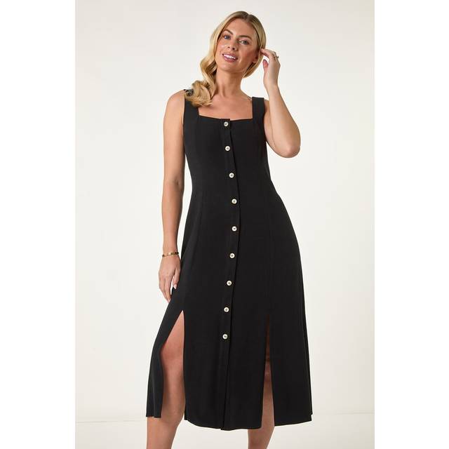 Linen Blend Buttoned Midi Dress - Black - 14
