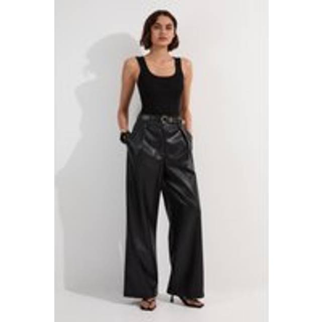 Petite Faux Leather High Waisted Wide Leg Trousers - Black