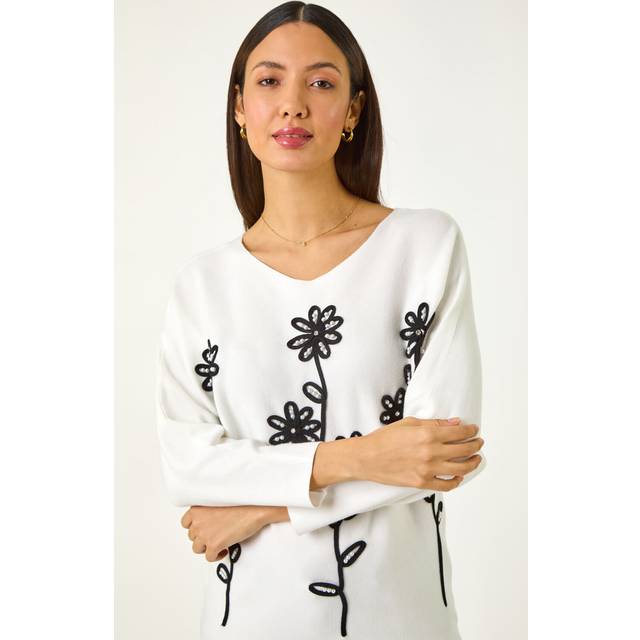Roman White Floral Embroidery Knit Jumper - Size ONE