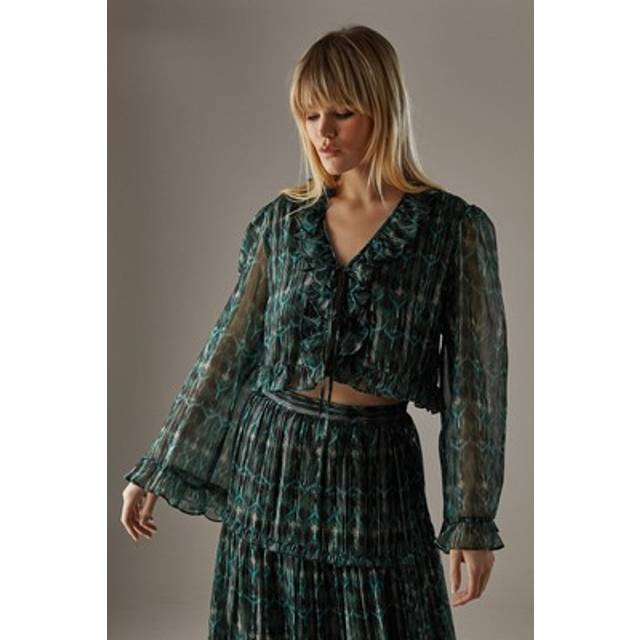Womens Metallic Chiffon Ruffle Tie Front Flared Sleeve Blouse - Green - 14