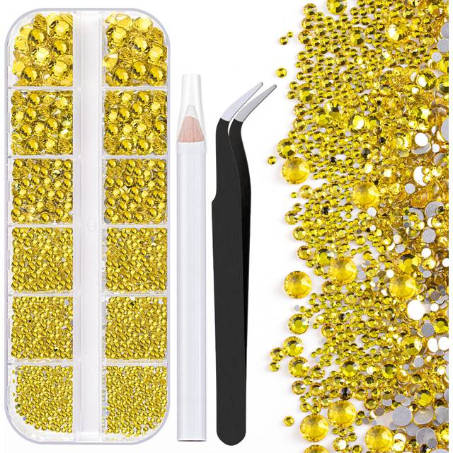 One Pack 2000 Pcs of Flatback Round Lemon Yellow Rhinestones 6 Sizes (1.5-6 mm) with Nail Art Rhinestone Picker Pencil And Tweezer For DIY And Salon U