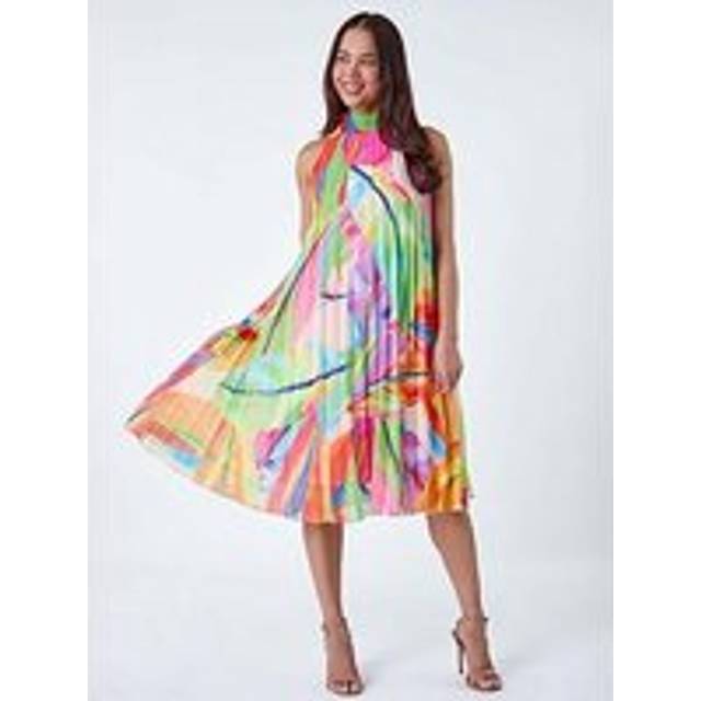 Roman Petite Orange Tropical Halter Neck Pleated Dress - Size 10