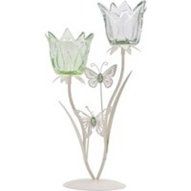 2 Stem Candle Holder With Green Glass And Butterflies On Matte Off White Base - One Size