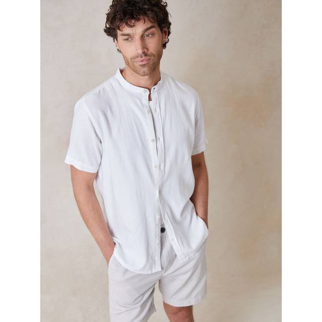 Grandad Collar Linen Blend Short Sleeve Shirt - White - M