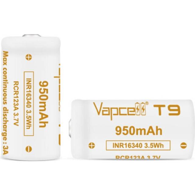 2x Vapcell T9 16340 CR123A 950mAh 3.7V Rechargeable Batteries