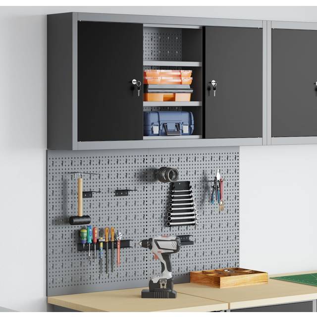 Vidaxl - 3 Piece Tool Cabinet and Pegboard Set Wall Mounted Black Metal