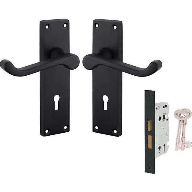 Golden Grace Victorian Scroll Lever Lock Keyhole Door Handles 150mm X 40mm Matt Black Finish With Black 3 Lever Lock And Keys - One Size