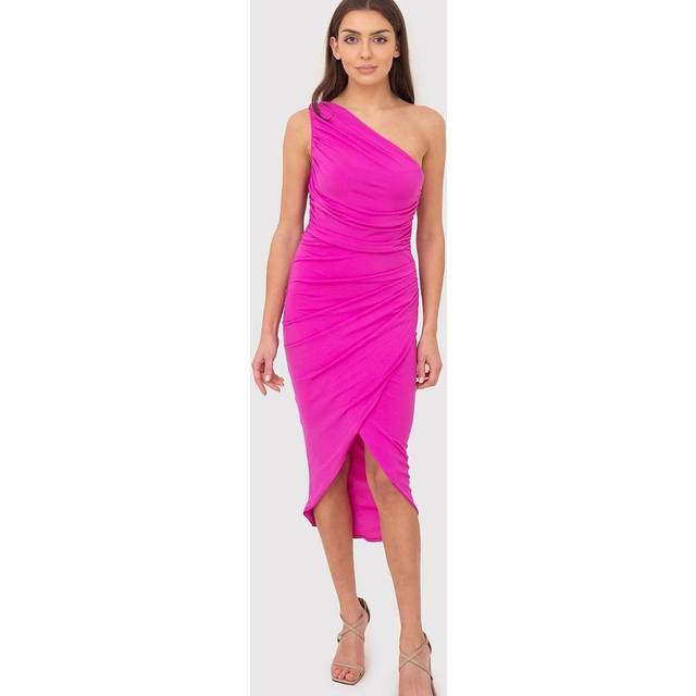 Hot Pink One Shoulder Draped Wrap Skirt Midi Dress - 14