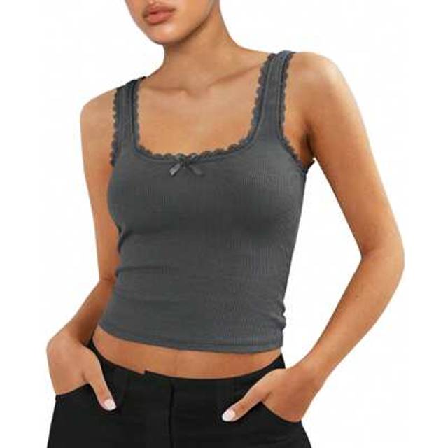 SHEIN Women&#39;s Crop Tank Tops Slim Fit Scoop Neck Backless Lace Trim 3D Bow Ribbed Cami Tank Tops For Party Club Night