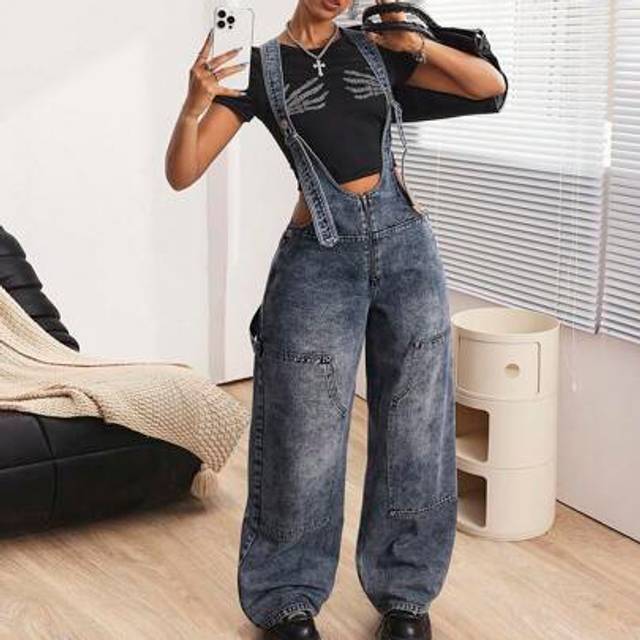 SHEIN Women&#39;s Wide Strap Front Zipper Pocket Simple Casual Denim Bib Pants