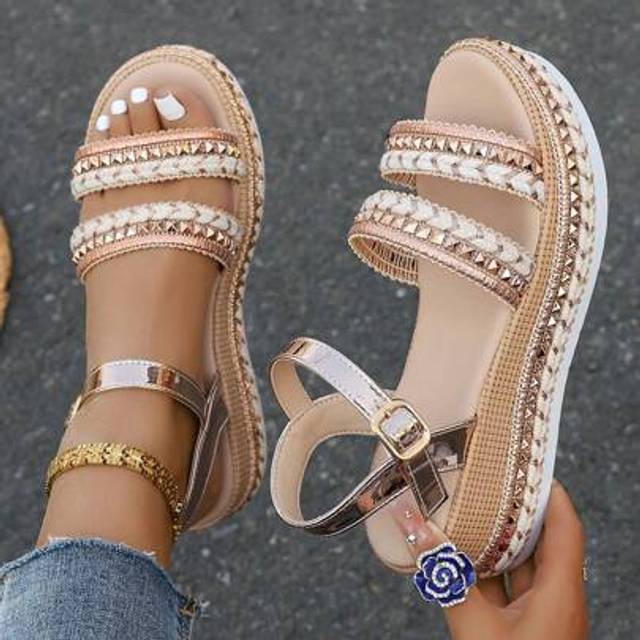 SHEIN Dressy Platform Sandals, Woven Strap Beach Wedge Thick Sole Roman Sandals With Studded Bohemian Open Toe Elastic Ankle Strap Comfortable Casual Elegan