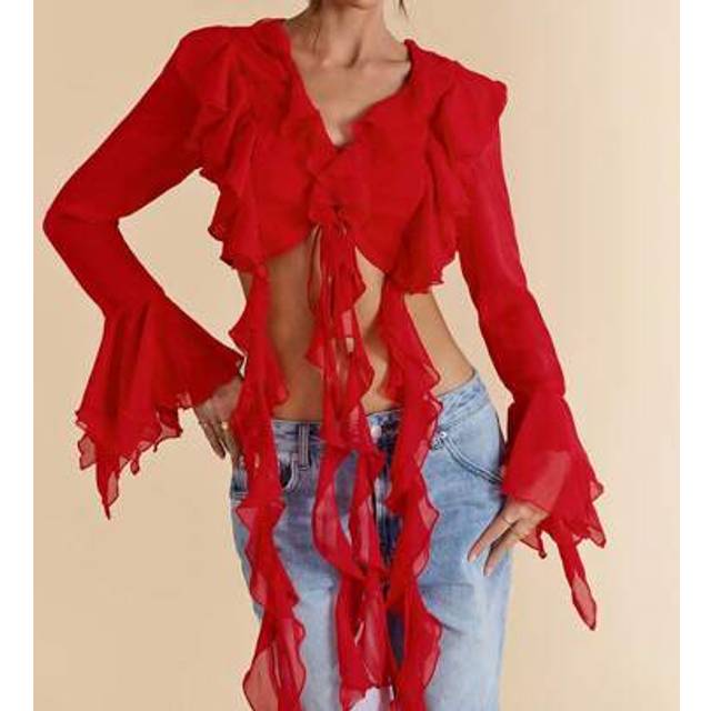 SHEIN Women Solid Red Sheer Long Sleeve Deep V-Neck Ruffle Hem Romantic Silk Chiffon Blouse, Ruffle Hem Blouse, Vacation, Music Festival Outfit