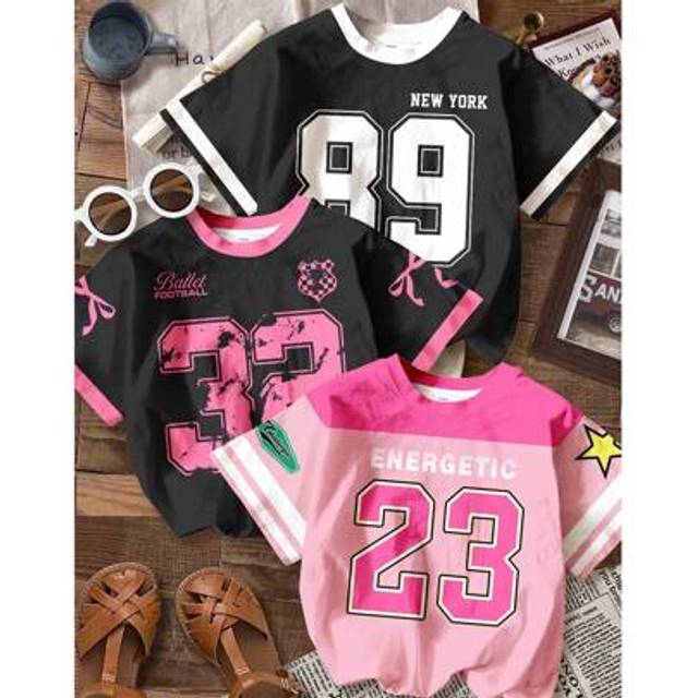 SHEIN Cool Girl 2 Packs Pink Sports Style Butterfly & Numeral Print Crew Neck Short Sleeve T-Shirts, Casual & Simple For Tween Girls, Suitable For Summer