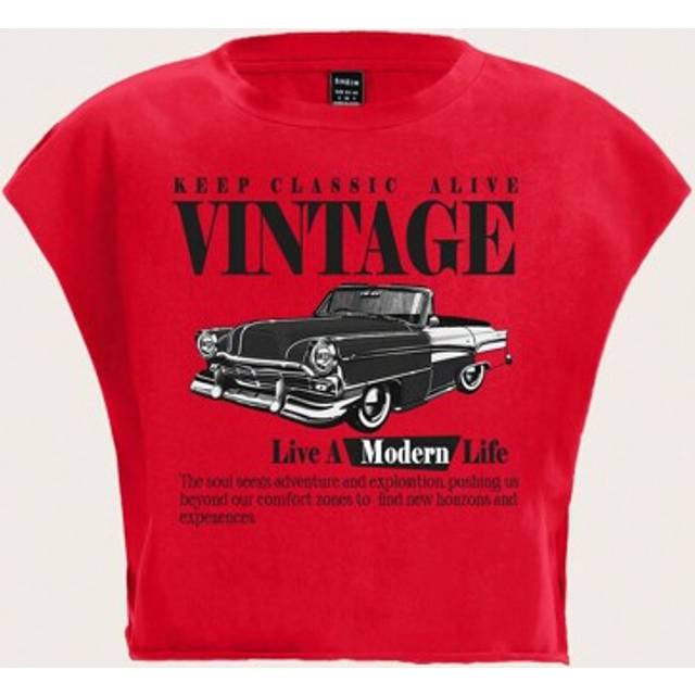 Slaydiva Vintage Casual Letter & Car Graphic Round Neck Short Sleeve Loose Crop Top T-Shirt For Women, Suitable For Summer