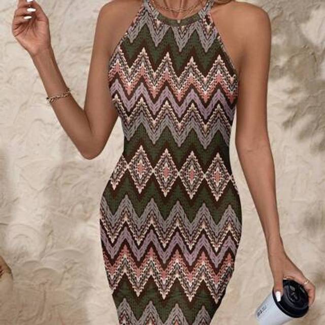Luneh Women&#39;s Casual Vintage Stripe Pattern Halter Bodycon Mini Dress, Suitable For Summer