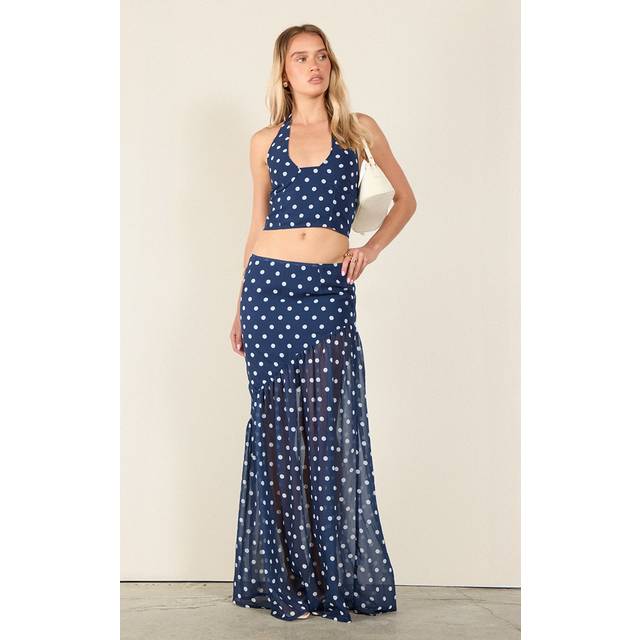 Navy Polka Dot Asymmetric Maxi Skirt, Blue - 10