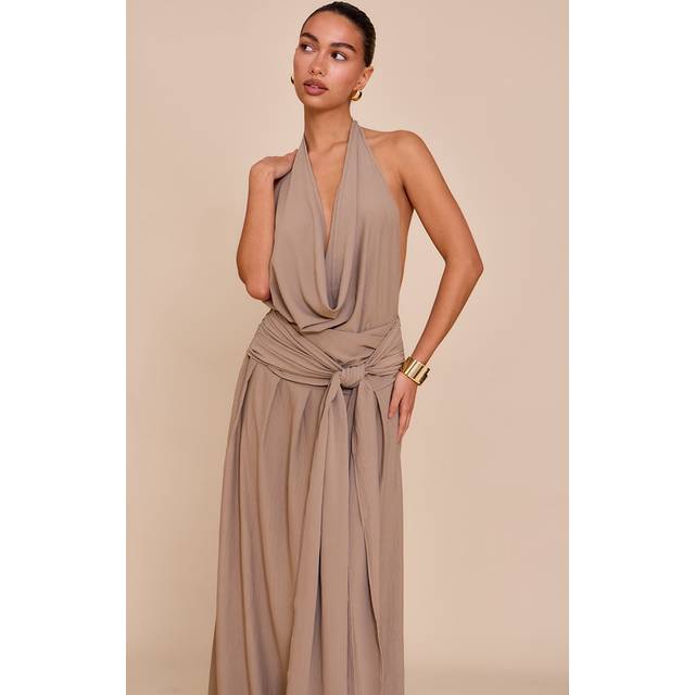 Mushroom Floaty Woven Cowl Neck Low Back Maxi Dress, Mushroom - 14