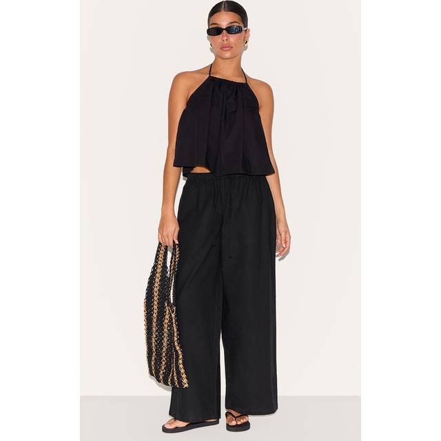 Petite Black Linen Drawstring Waist Trousers, Black - 12